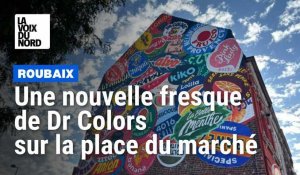 Une nouvelle fresque de Dr Colors affiche une ribambelle de logis de fruits sur la place du marché de l’Epeule à Roubaix