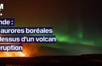 Islande: les superbes images d'aurores boréales surplombant l'éruption volcanique de Grindavik
