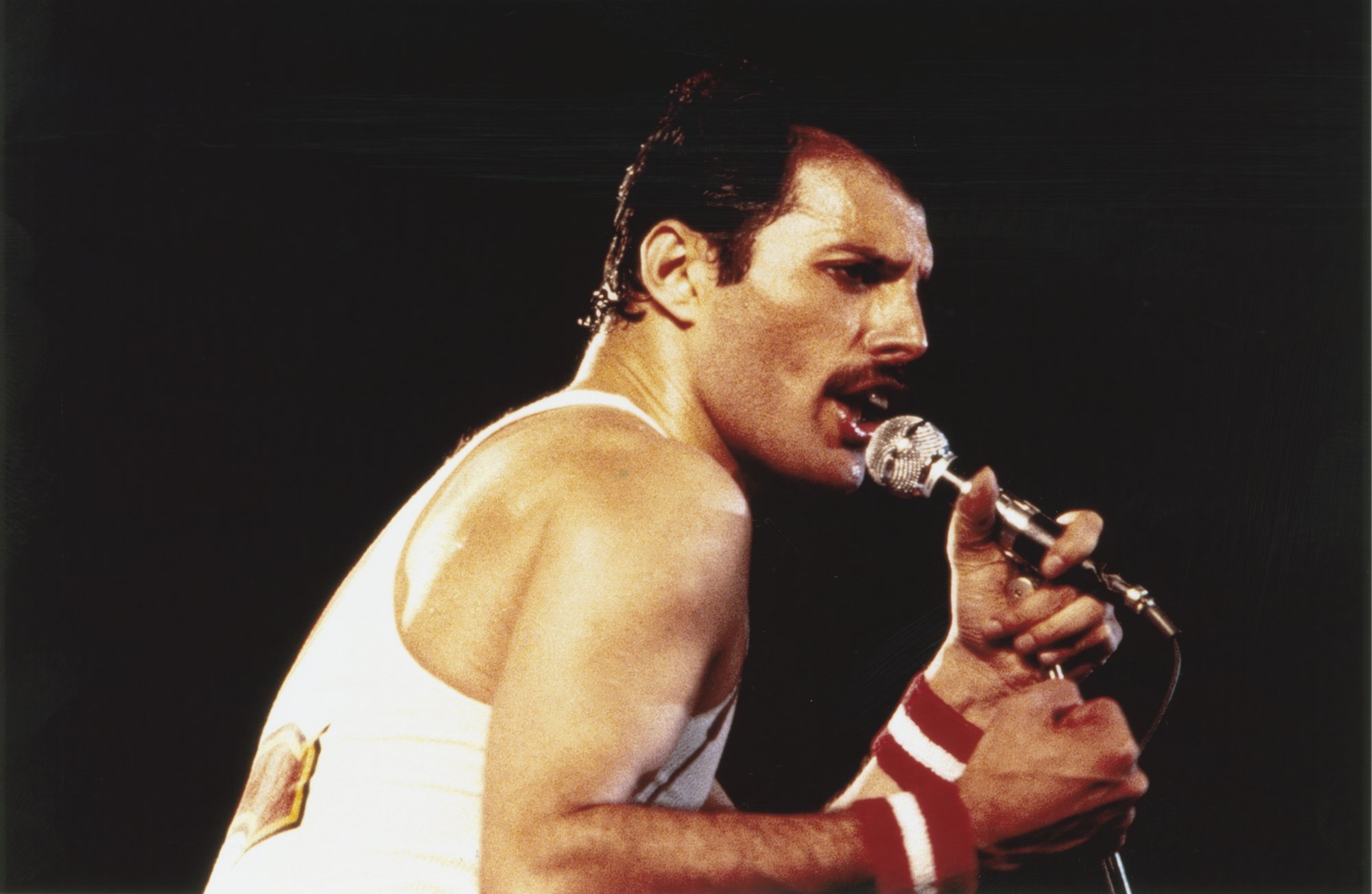 Freddie Mercury durant un concert au Milton Keynes National Bowl, en juin 1982.
