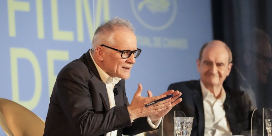Thierry Frémaux et Pierre Lescure lors de la conférence de presse de Cannes 2021 à l'UGC Normandie de Paris, jeudi 3 juin 2021.