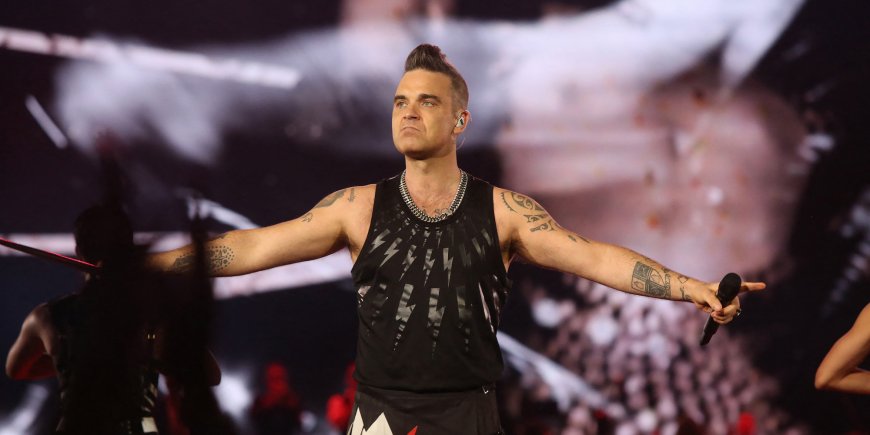 Robbie Williams en concert lors du Heavy Entertainment Show Tour à Sidney, le 28 février 2018.