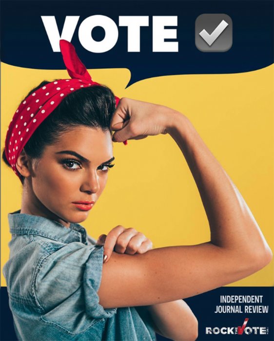 Kendall Jenner grimée en Rosie the Riveter pour Rock the Vote. Kendall Jenner grimée en Rosie the Riveter pour Rock the Vote.