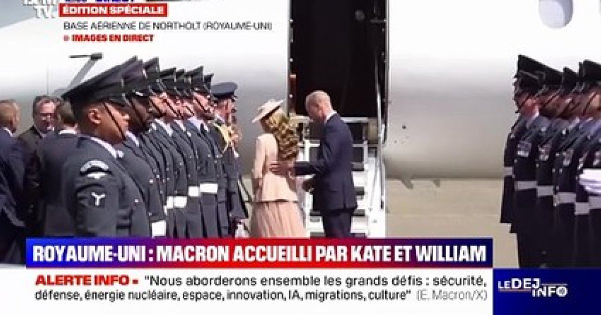 Emmanuel Macron a fait un baise-main a&eacute;rien &agrave; Kate Middleton apr&egrave;s sa descente de l'avion - BFM TV - Orange