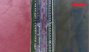 En Chine, la moitié d'un lac change de couleur et devient rouge