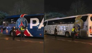 Les bus du Real Madrid et du PSG arrivent au stade avant le match