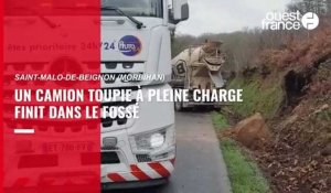 VIDÉO. À Saint-Malo-de-Beignon, un camion toupie à pleine charge finit dans le fossé