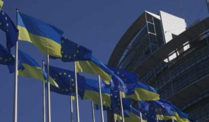 A Strasbourg, des drapeaux ukrainiens hissés devant le Parlement européen