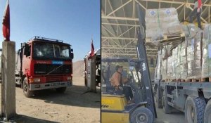 L'aide humanitaire arrive au poste frontière de Rafah côté palestinien