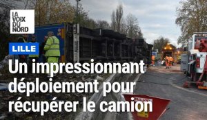 Lille : impressionnant déploiement pour récupérer un camion de rhum échoué sur une sortie d’autoroute