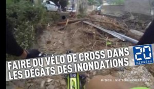 Il fait du vélo de cross dans les dégâs des inondations en France