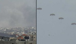 Sous la fumée de frappes aériennes, des colis d'aide sont parachutés au-dessus de Khan Younès