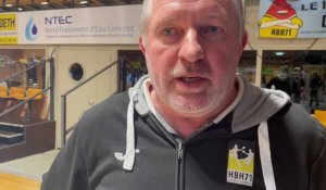 Le coach du Handball club d'Hazebrouck, Hervé Martin, réagit à la victoire des siens contre Boulogne-Billancourt