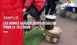 VIDÉO. Pour le Téléthon, les Jeunes agriculteurs de la Manche ont sorti leur vélo-baratte à Saint-Lô