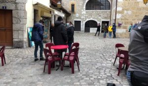Tournage de la série policière Cassandre dans la vieille ville d'Annecy, le 14 octobre 2020
