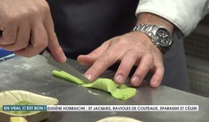 Saint-Jacques, ravioles de couteaux et sparassis, céleris par Eugène Hobraiche, "Haut Bonheur de la Table" à Cassel (59)