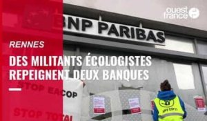 Des militants écologistes repeignent les vitrines de deux banques à Rennes