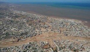 VUE AERIENNE de la ville de Derna, dévastée par les inondations