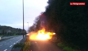 Entre Brest et Daoulas. Une voiture en feu en contrebas de la RN165