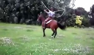 Un cheval fait du saut à la corde