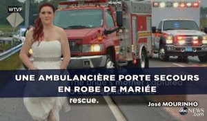 Une ambulancière porte secours en robe de mariée