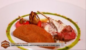 Le plat libre de Christian : carré d'agneau de Provence, crêpe à la farine de châtaigne et légumes glacés