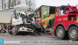 Accident à Souligny  : choc frontal entre deux poids lourds