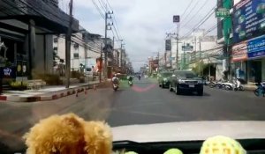 Un homme fait une petite sièste en conduisant son scooter