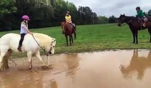 Un poney s'amuse et envoie une fille dans une flaque d'eau
