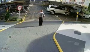 En essayant de se garer, un conducteur détruit tout le parking