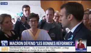 Au CHU de Rouen, Macron vante "les bonnes réformes". "Il faut bouger", dit le président