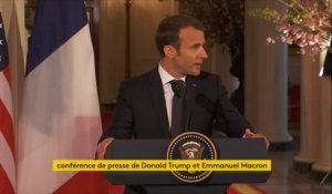 "En Syrie, nous allons continuer à œuvrer ensemble (...) Nous allons désormais aussi œuvrer, avec nos partenaires sur ce sujet, à construire une solution politique durable inclusive sur ce sujet", annonce Emmanuel Macron aux côtés de Donald Trump