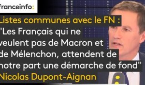 Listes communes avec le FN : "Les Français qui ne veulent pas de Macron et de Mélenchon, attendent de notre part une démarche de fond, des propositions fondamentales pour l'Europe", explique Nicolas Dupont-Aignan #8h30politique