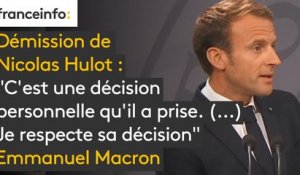 Démission de Nicolas Hulot : "C'est une décision personnelle qu'il a prise. (...) Je respecte sa décision" affirme Emmanuel Macron.