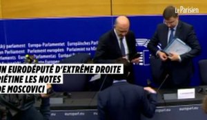Un eurodéputé d'extrême droite écrase les notes de Pierre Moscovici avec sa chaussure