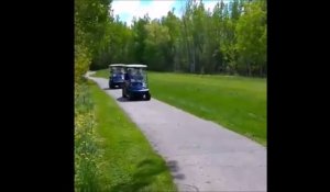Il met un grand coup de frein en voiturette de golf pour faire une blague à son ami... Douloureux