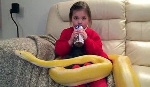 Une fillette regarde la TV avec son gros serpent sur les genoux
