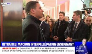 "Je ne vais pas tout arrêter parce que vous poussez une hurlante": Interpellé par un enseignant sur les retraites, Emmanuel Macron lui répond