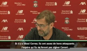 Transferts - Klopp attentif au dossier Cavani : "J'espère qu'il n'ira pas à l'Atlético, ils ont suffisamment de bons attaquants''