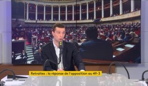 Réforme des retraites et recours au 49.3 : "Nous voterons probablement les deux" motions de censure, "nous on n'est pas sectaires", affirme Jordan Bardella, vice-président du Rassemblement national