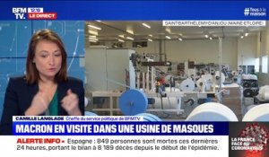 Emmanuel Macron vient d'arriver dans l'usine de masques de Saint-Barthélemy-d'Anjou en Maine-et-Loire
