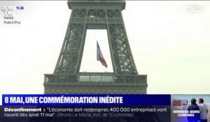 8-Mai: un drapeau français pavoisé en haut de la tour Eiffel