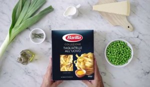 Tagliatelle au poireau, petits pois et à la crème de parmesan