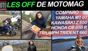 Les Off de Motomag _ comparo vidéo Yamaha MT 07 Kawasaki Z 650 Triumph Trident 660 Honda CB 650 R
