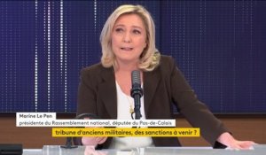 Tribune de militaires dans "Valeurs Actuelles" : "Ils viennent dire qu'il faut appliquer les lois et je partage le constat", affirme Marine Le Pen. "Des hommes politiques ont déjà évoqué ce risque de guerre civile", poursuit-elle