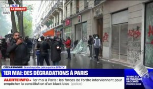 1er mai à Paris: une agence bancaire de la Société Générale dégradée