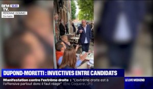 Vif échange entre Éric Dupond-Moretti et Damien Rieu, candidat RN aux départementales, sur une terrasse de Péronne