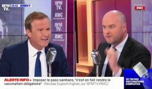 Pass sanitaire - Le chef du service politique de BFM TV, Philippe Corbé perd son sang froid, ce matin, en direct face à Nicolas Dupont-Aignan :  " Mais laissez-moi parler, laissez-moi, laissez moi parler !"