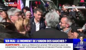 Défilé du 1er-Mai: poignée de main chaleureuse entre Olivier Faure et Jean-Luc Mélenchon