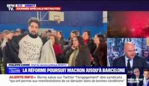 Un opposant à la réforme des retraites évacué pendant le discours d'Emmanuel Macron à la communauté française de Barcelone