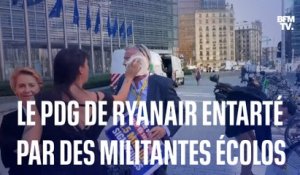 Le PDG de Ryanair entarté par des militantes écologistes à Bruxelles